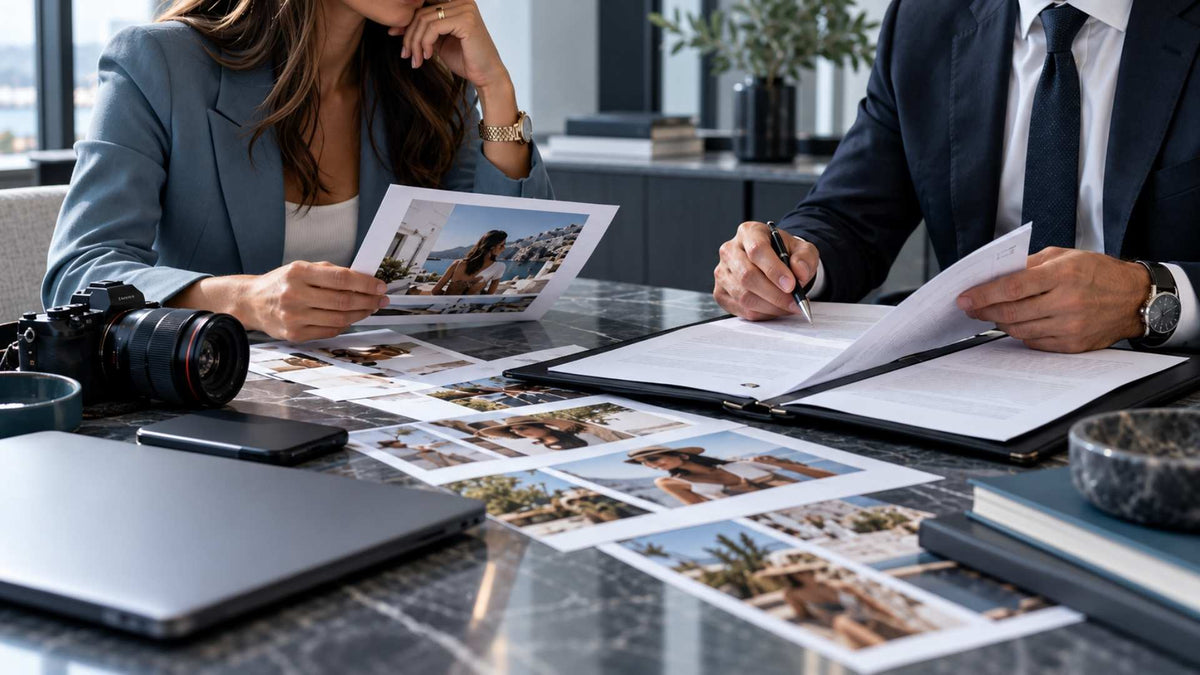 Maison Bold Agency — revue d’un contrat de cession de droits sur des contenus d’influence, avec visuels de campagne, appareil photo et documents juridiques. Image