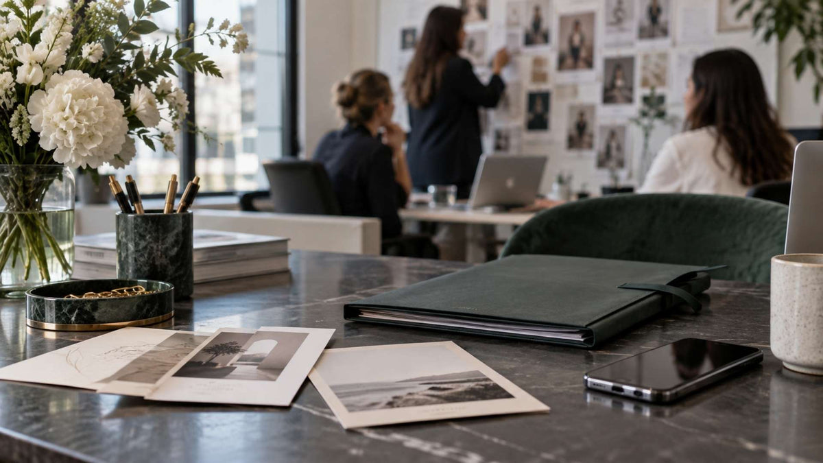 Équipe d’agence de relations presse en réunion avec dossier presse, invitations et téléphone dans un bureau contemporain.