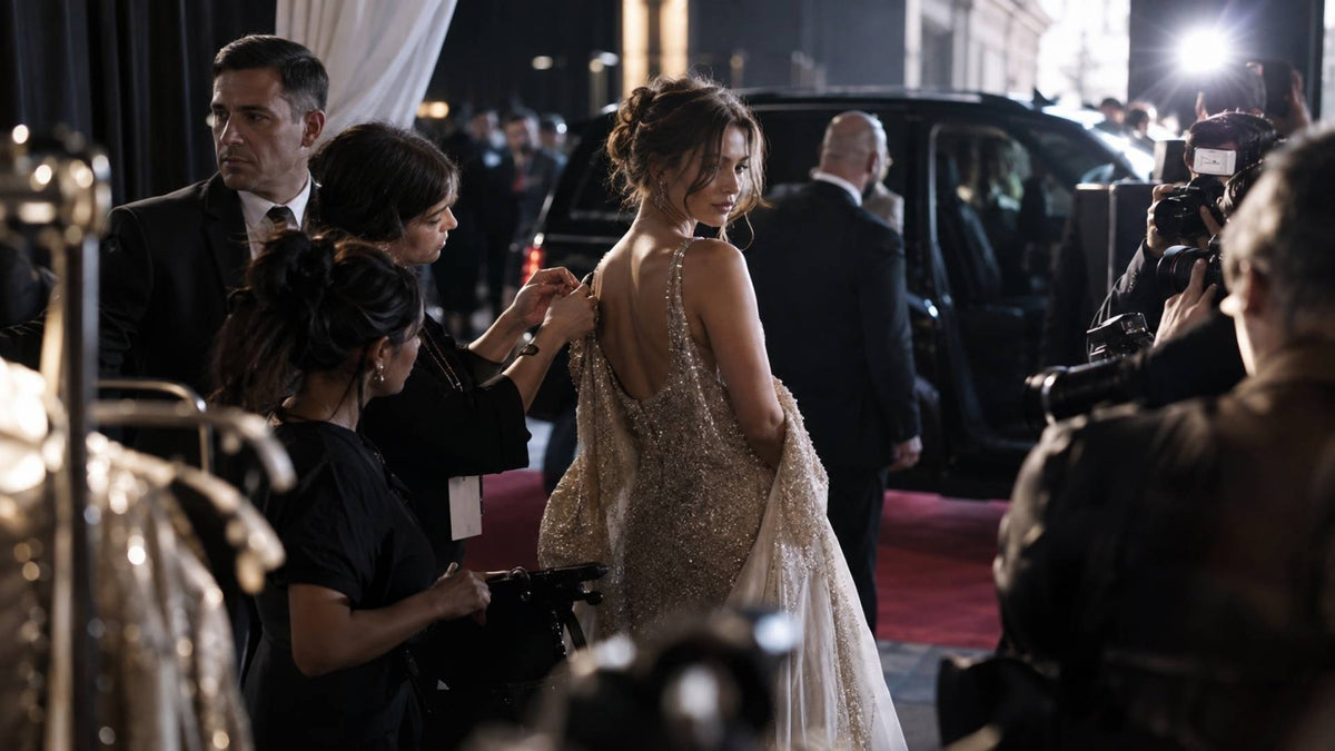 Maison Bold Agency — backstage célébrité sur tapis rouge entourée de photographes et d’équipe, pour illustrer l’évaluation de la valeur commerciale d’une célébrité dans un partenariat de marque