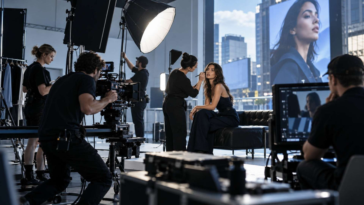 Maison Bold Agency — production d’une campagne d’influence multi-canal avec tournage photo et vidéo, équipe média et diffusion publicitaire en arrière-plan.