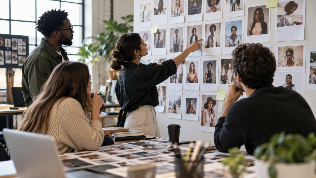 Maison Bold Agency — équipe en sélection devant un casting board physique avec profils de créateurs et audit visuel d’audience, pour illustrer le choix des bons créateurs de contenu.