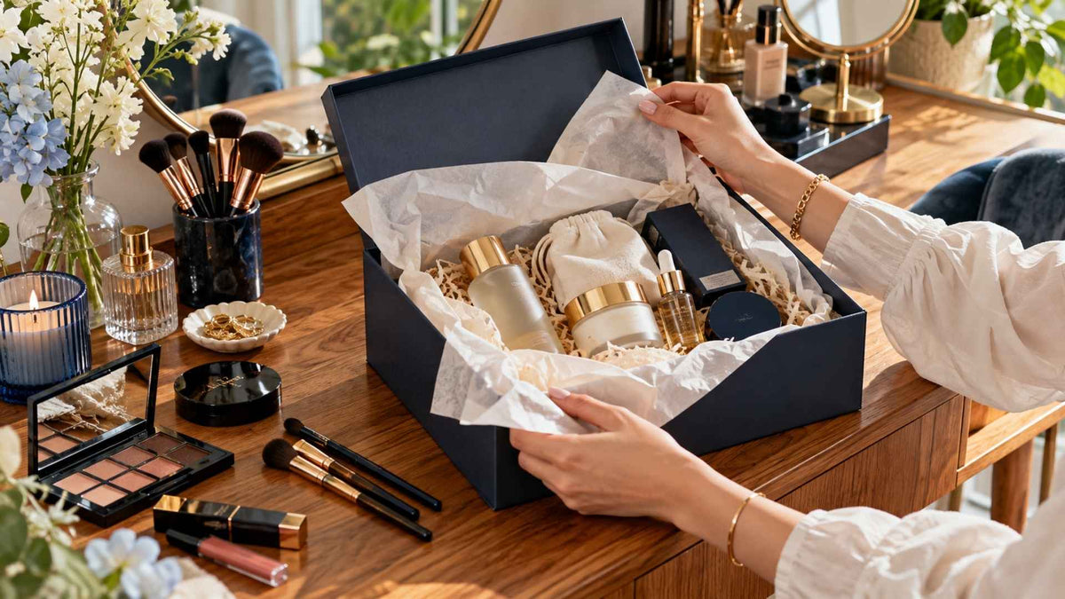 Maison Bold Agency — unboxing d’un colis gifting premium avec produits de beauté et maquillage disposés sur une coiffeuse en bois, pour illustrer la dotation produit en marketing d’influence. Image