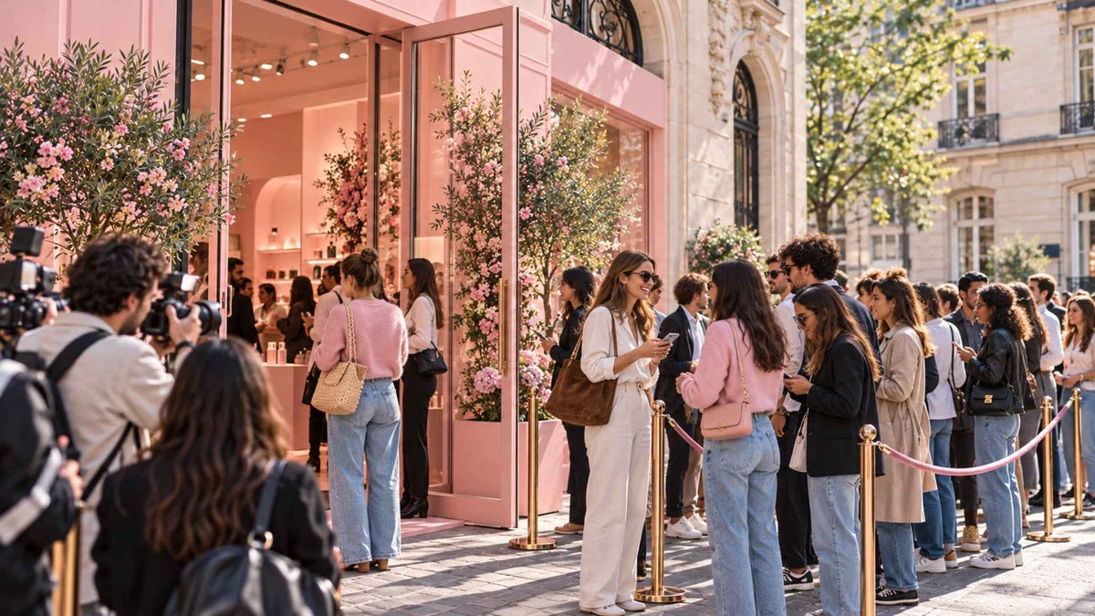 Maison Bold Agency — lancement de marque à Paris avec pop-up rose en journée, file d’attente de visiteurs en tenue casual et ambiance presse contemporaine.