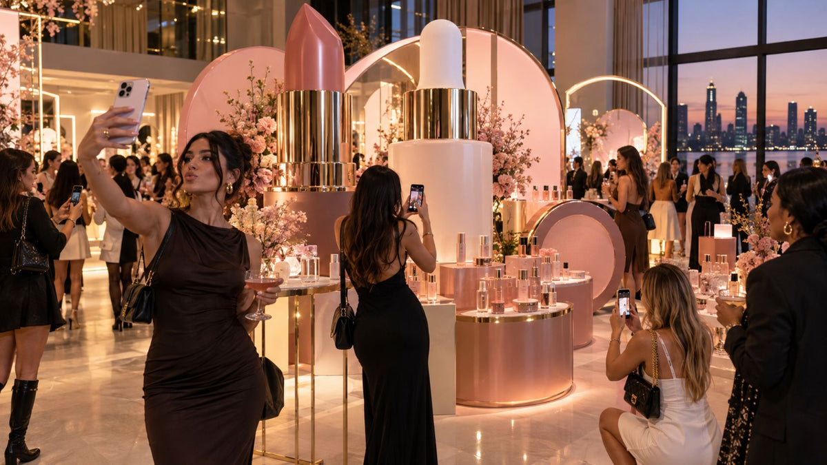 Maison Bold Agency — événement influence de lancement de marque cosmétique avec produits géants, influenceurs en train de filmer et scénographie immersive. Image