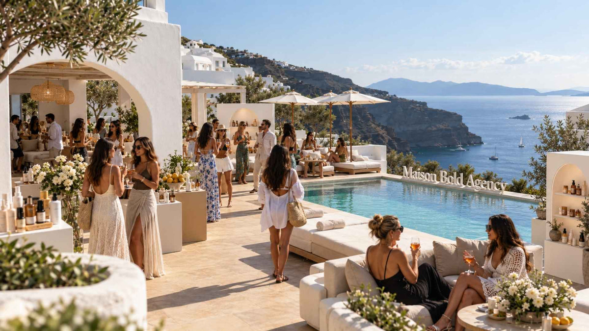 Maison Bold Agency — voyage de presse haut de gamme dans une villa avec piscine à Santorin, activation de marques, créatrices de contenu et scénographie événementielle face à la mer.