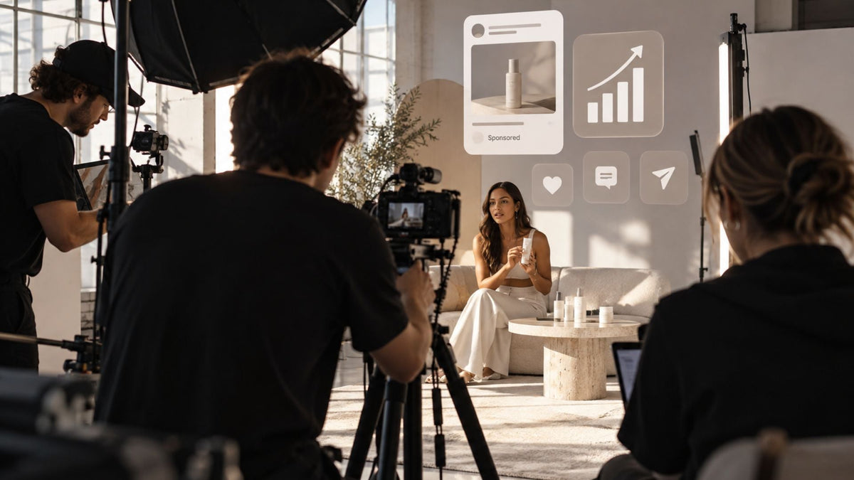 Maison Bold Agency — tournage de contenu créateur en studio avec équipe média et amplification publicitaire sur les réseaux sociaux, pour illustrer le paid amplification et les influencer ads. Image