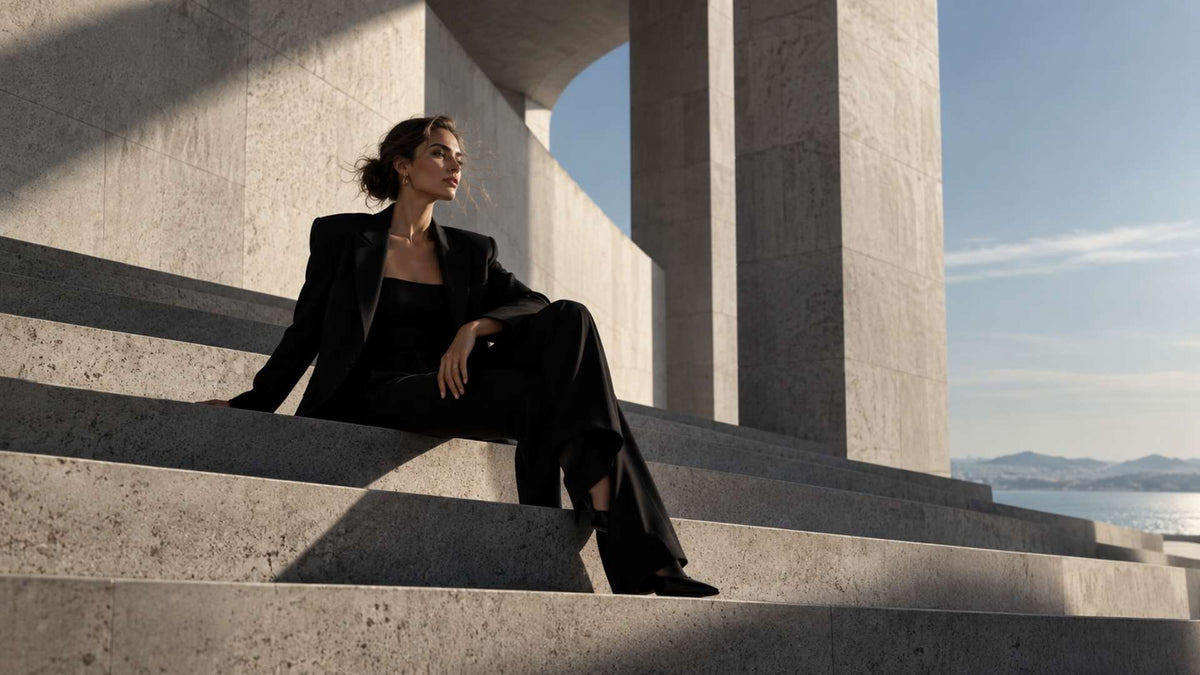 Ambassadrice de marque en tailleur noir lors d’un shooting éditorial haut de gamme, illustrant les partenariats d’influence à long terme.