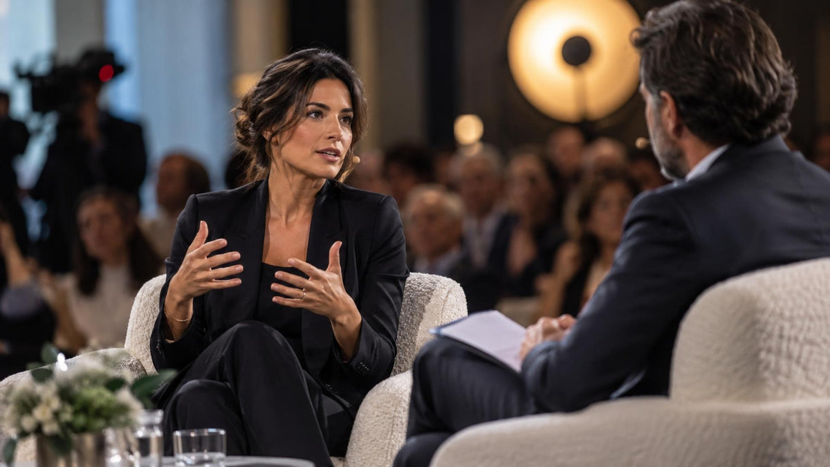 Maison Bold Agency — experte en prise de parole sur scène lors d’une interview ou conférence, face à un public flou, pour illustrer le thought leadership et les tribunes d’experts dans les grands médias.